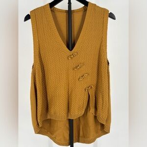Asymmetric V-Neck Knit Sweater Vest Brown Mustard 100% Cotton Size M/L